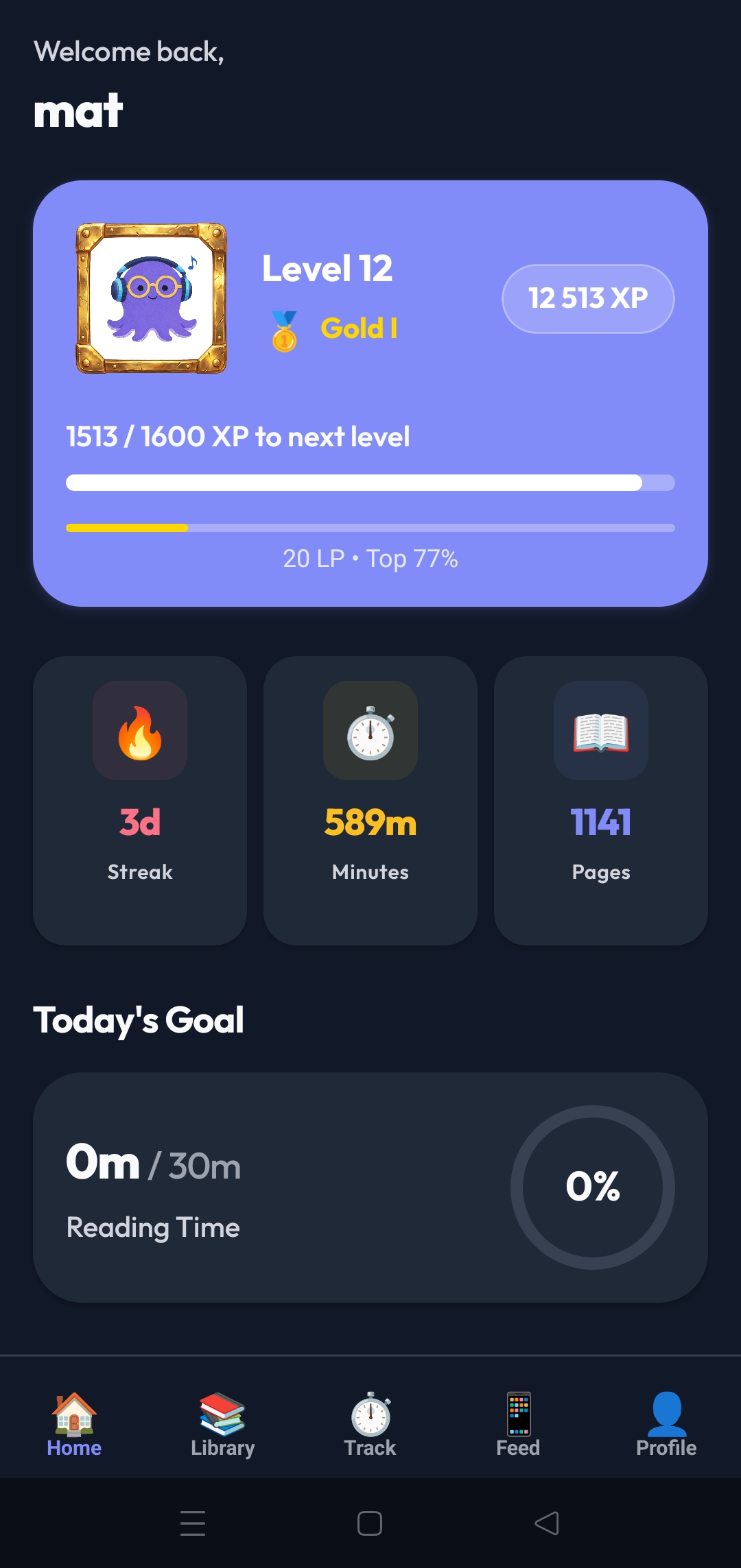 Libriv dashboard showing level, streak, and stats